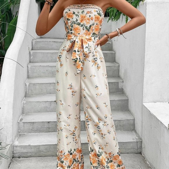 Floral Print Belted Tube Jumpsuit - Picture 4 of 5